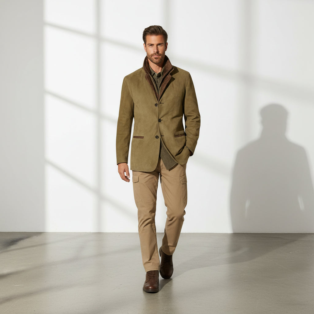 Man wearing a green jacket and beige pants standing against a white wall.
