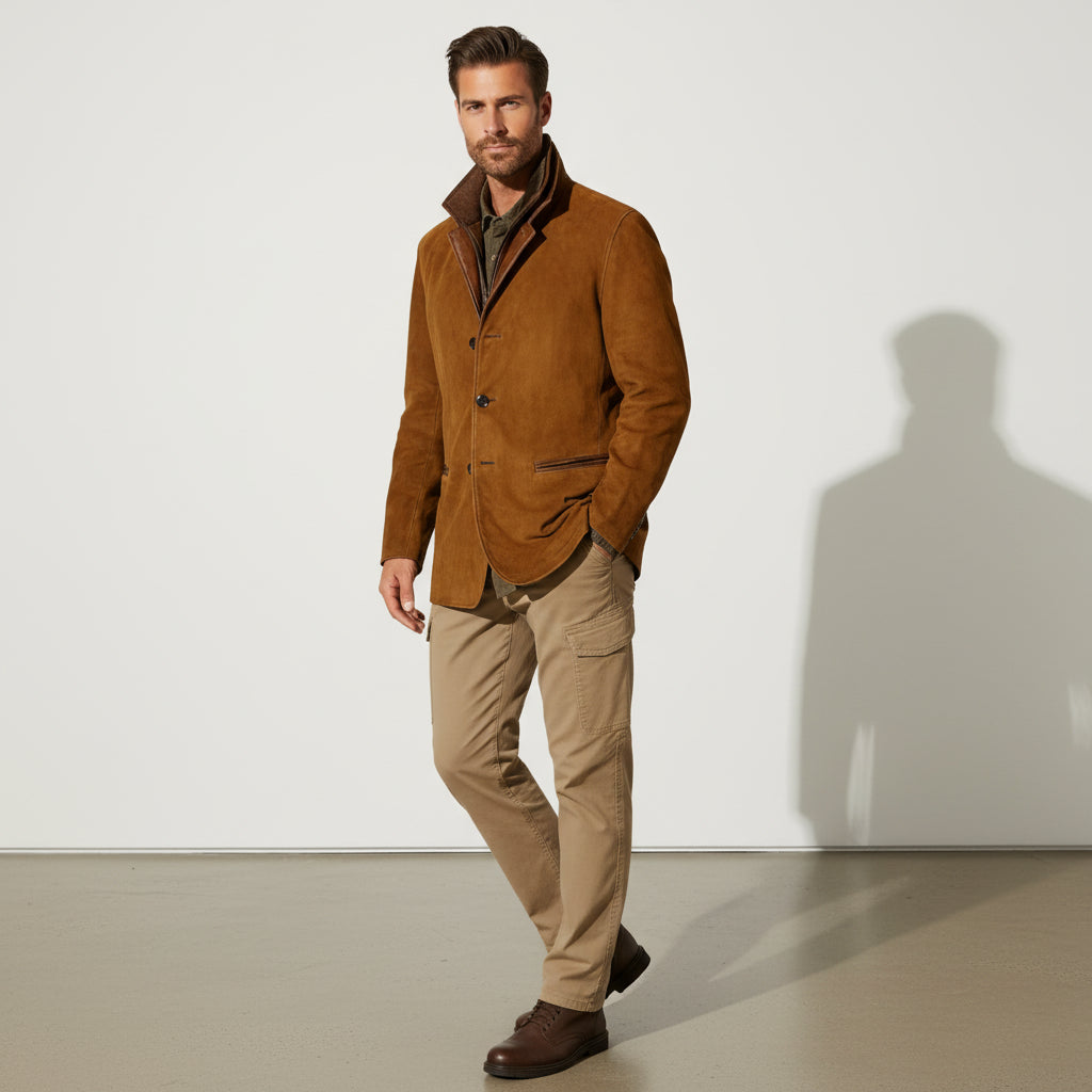 Man wearing a brown jacket and beige pants standing against a white wall.