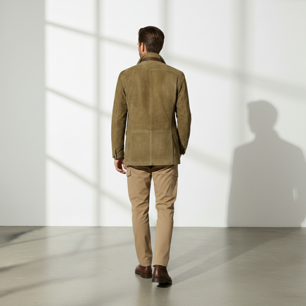 Man wearing a green jacket and beige pants walking in a well-lit room with a white wall.